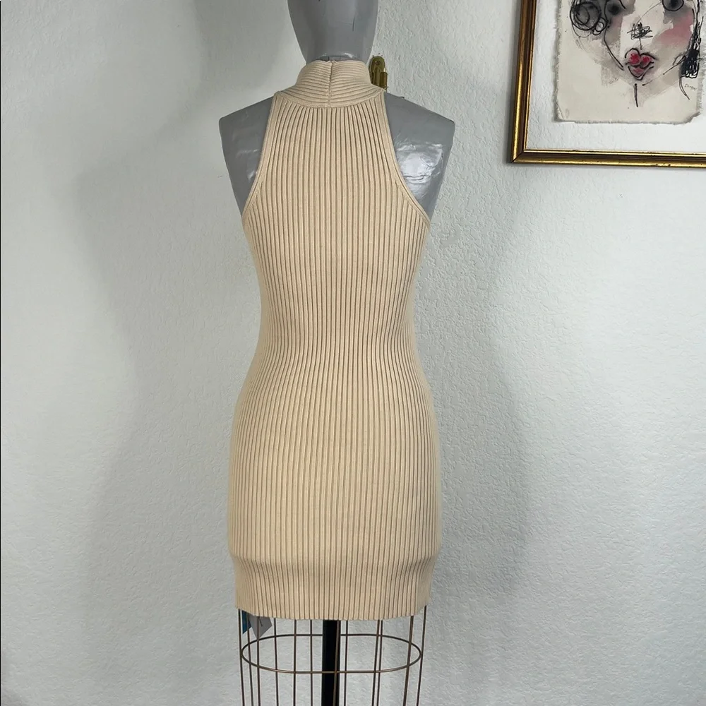 CIDER Knit Beige Rib Cross Halter Bodycon Mini Sleeveless Dress - Picture 5 of 6